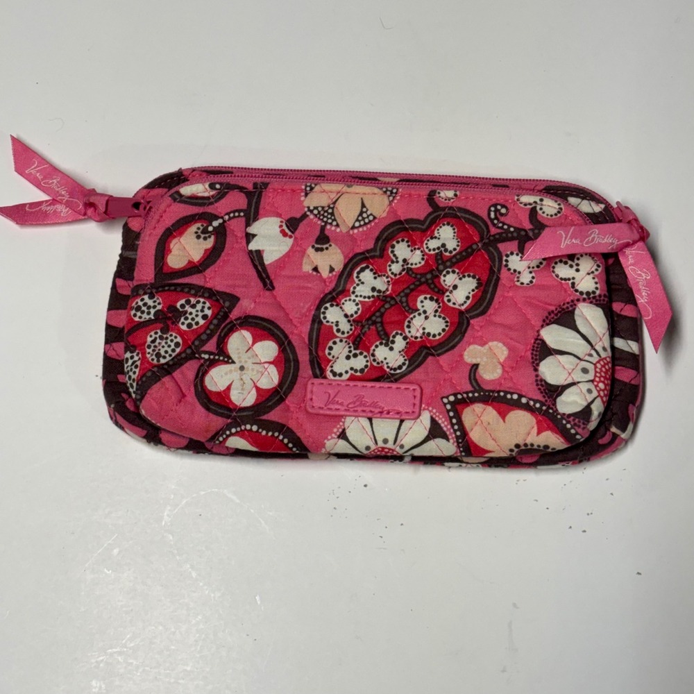 Vera Bradley Pink Brown Floral Quilted Double Zip Cosmetic Pouch Bag Organzier